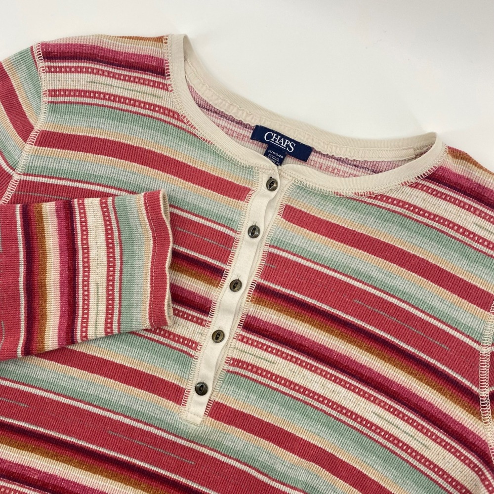 Chaps Henley Top Womens‎ 1X Multi Color Striped Waffle Knit Thermal Long Sleeve